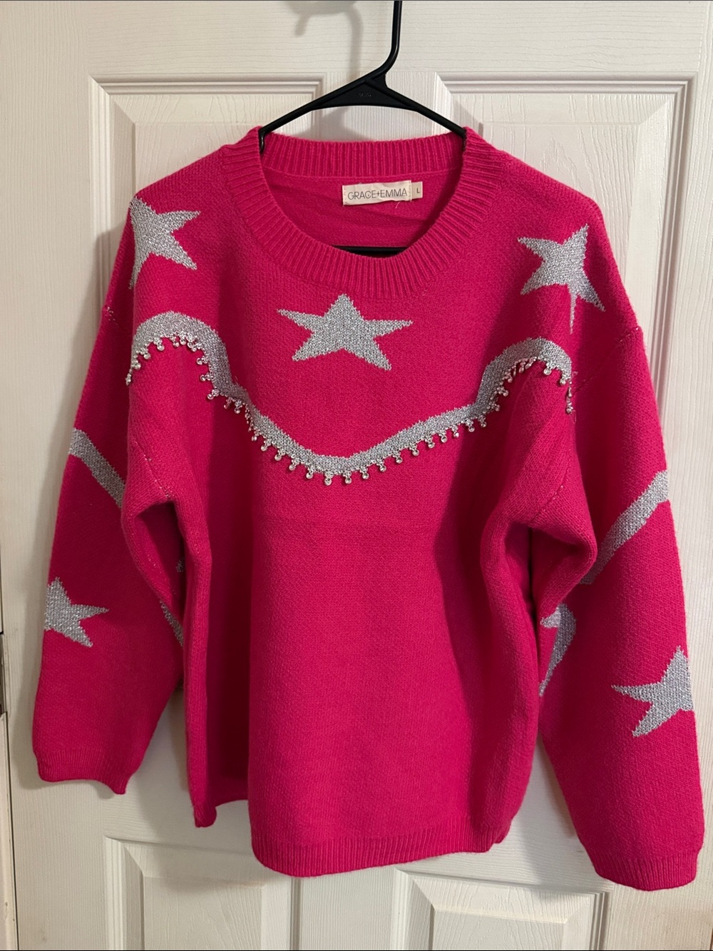Hot Pink Star Crewneck Sweater with Silver Trim